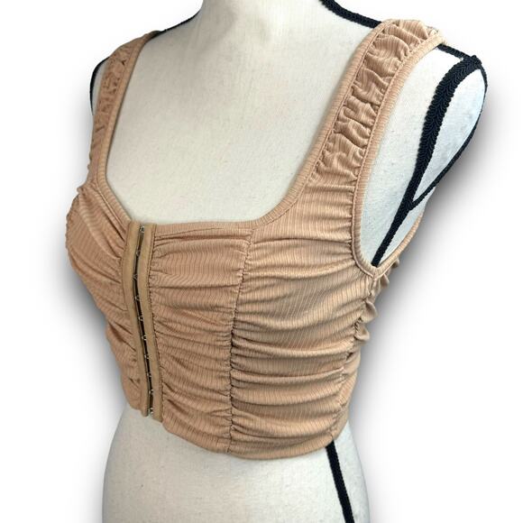 Womens Corset Look Ribbed Ruched Cropped Tank Top Stretch Tan Beige Size Small - Picture 2 of 6